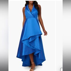 Adrianna Papell - Tuxedo High-low satin gown. NAVY BLUE